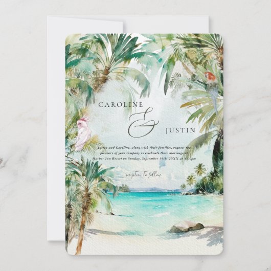 Invitation de mariage tropical à l'aquarelle (Devant)