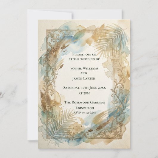 Invitation de mariage tropical Bleu Or (Devant)