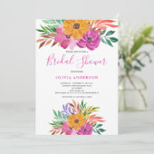 Invitation de mariage tropical floral rose pour un (Debout devant)