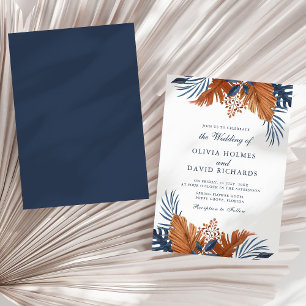 Invitation de mariage tropical Monstera bleu minui