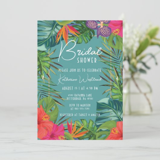 Invitation de mariage tropical sarcelle (Debout devant)
