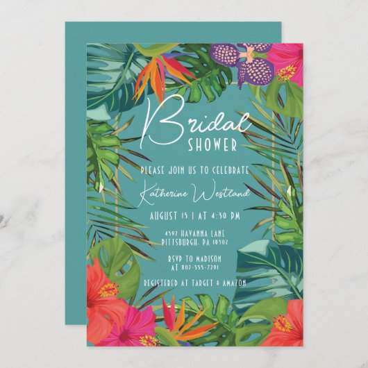 Invitation de mariage tropical sarcelle (Devant / Derrière)