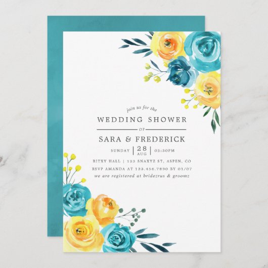 Invitation de mariage turquoise et jaune à fleurs (Devant / Derrière)