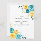Invitation de mariage turquoise et jaune à motif f (Devant)