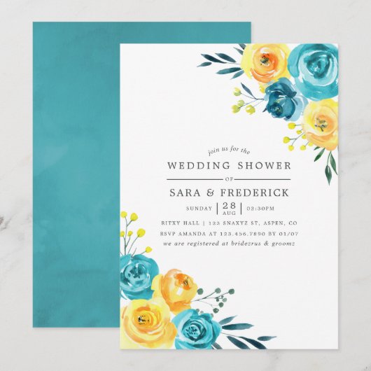 Invitation de mariage turquoise et jaune à motif f (Devant / Derrière)