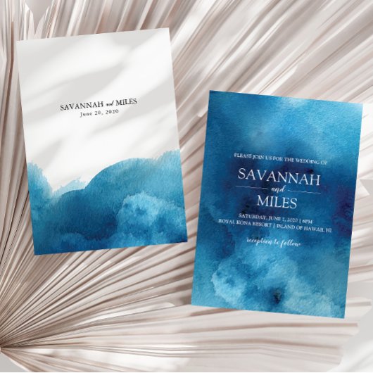 Invitation de mariage vague océan bleu aquarelle