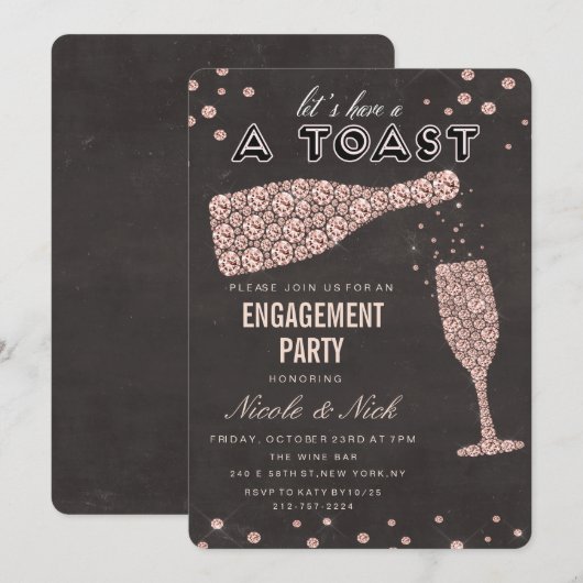 Invitation de mariage verre à vin diamant or rose (Devant / Derrière)