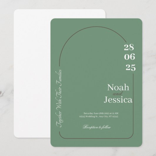 Invitation de Mariage vert et blanc moderne (Devant / Derrière)