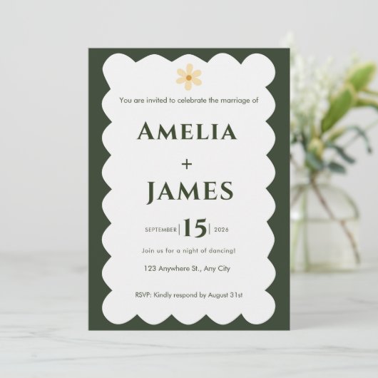 Invitation de mariage verte moderne ondulée (Debout devant)