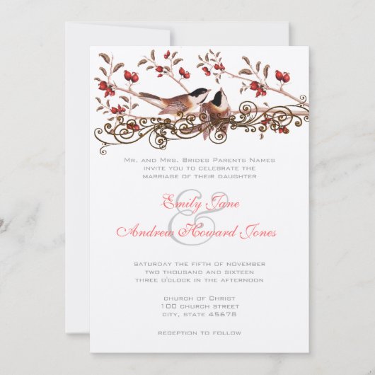 Invitation de mariage vintage 5 x 7 Mésanges (Devant)