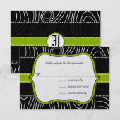 Invitation de mariage vintage damassé noir et vert (Devant / Derrière)