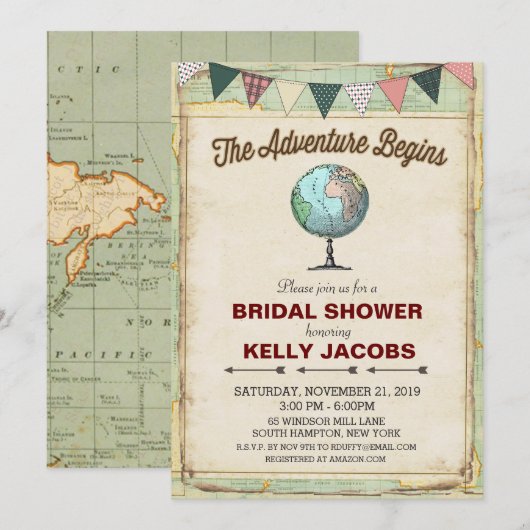 Invitation de mariage vintage globe voyage (Devant / Derrière)