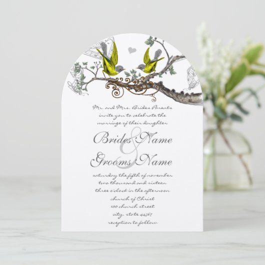 Invitation de mariage vintage oiseaux jaune et gri (Debout devant)