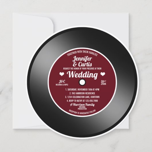 Invitation de mariage vinyle rétro rouge vin (Devant)