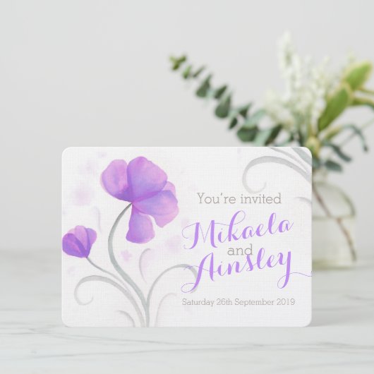 Invitation de mariage violet fleur sauvage d'aquar (Debout devant)