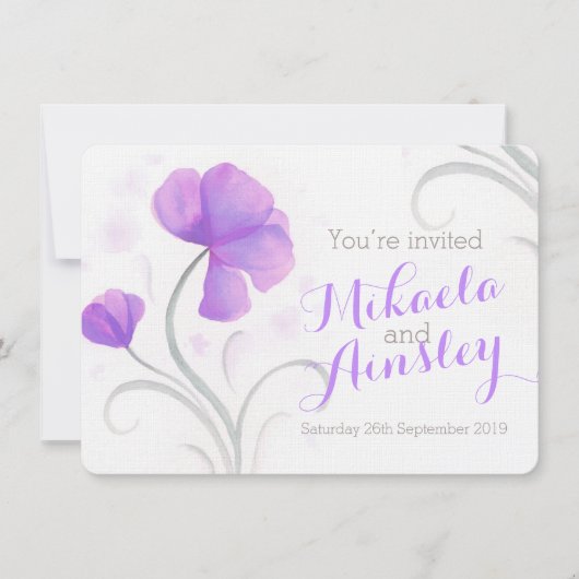 Invitation de mariage violet fleur sauvage d'aquar (Devant)