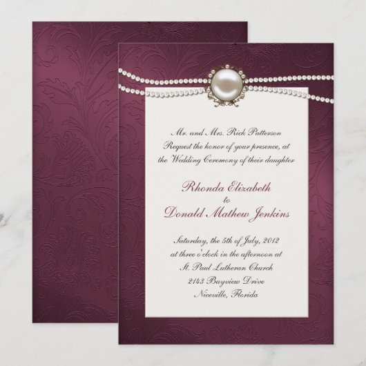 Invitation de Maroon Mariage damassé (Devant / Derrière)