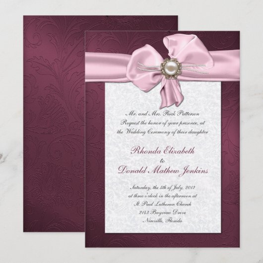 Invitation de Maroon Mariage damassé (Devant / Derrière)