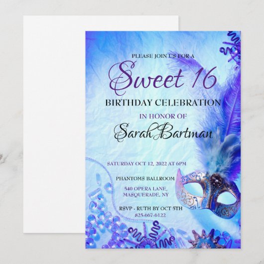 Invitation de masquerade pour 16 ans (Devant / Derrière)
