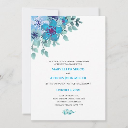 Invitation de masse nuptiale florale bleu aquarell (Devant)