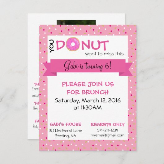 Invitation de matte d'anniversaire de Donut 4,25 p (Devant / Derrière)