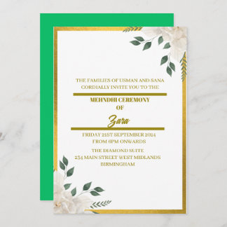 Invitation de mehndi florale verte et or sur mesur