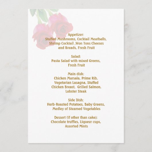 Invitation de menu de mariage à deux roses rouges (Dos)