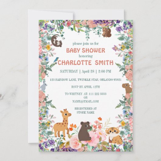 Invitation De mignons animaux safari zoo jungle baby shower f (Devant)