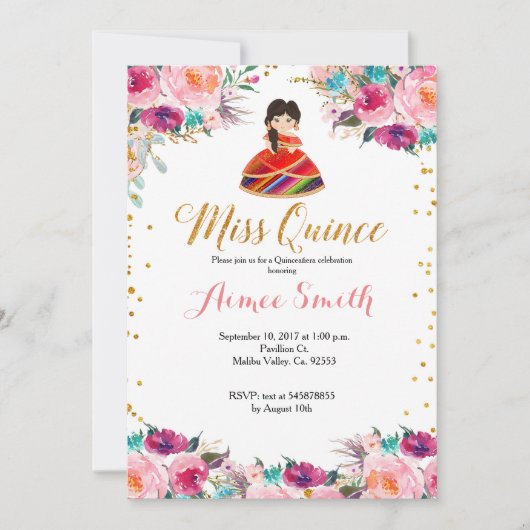 Invitation de Mis Quince Pink Gold Floral (Devant)