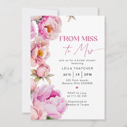 Invitation De Mlle à Mme douche nuptiale rose vif (Devant)