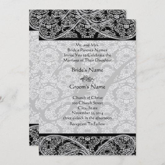 Invitation de Monogram Black Mariage damassé (Devant / Derrière)