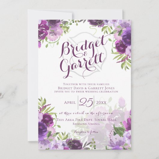 Invitation de monogramme de pompier à fleurs viole (Devant)