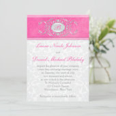 Invitation de monogramme rose, blanc et gris Damas (Debout devant)