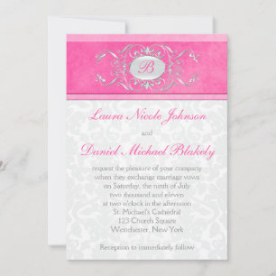 Invitation de monogramme rose, blanc et gris Damas