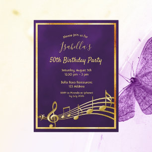 Invitation de musique dorée violette
