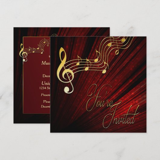 Invitation de musique -REd - Notes d'or -Classy (Devant / Derrière)