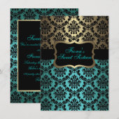 Invitation de naissance élégante damassée sarcelle (Devant / Derrière)