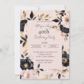 Invitation de naissance florale noire et rose pers (Devant)