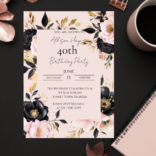 Invitation de naissance florale noire et rose pers
