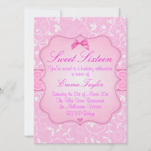 Invitation de naissance Sweet16 rose florale éléga (Devant)