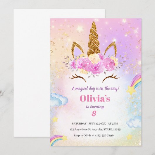 INVITATION DE NAISSANCE UNICORN (Devant / Derrière)