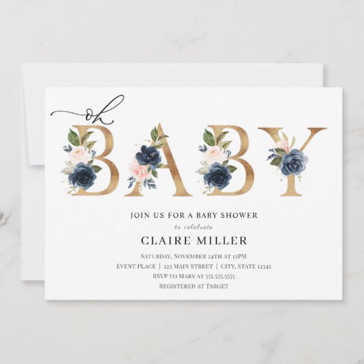 Invitation de Navy et Blush Oh Baby shower (Devant)