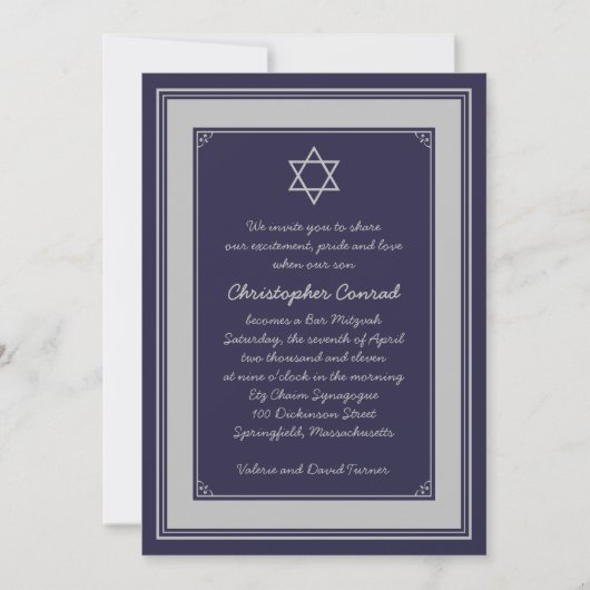Invitation de Navy Silver Grey Bar Mitzvah (Devant)