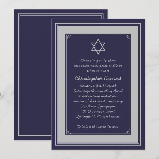 Invitation de Navy Silver Grey Bar Mitzvah (Devant / Derrière)