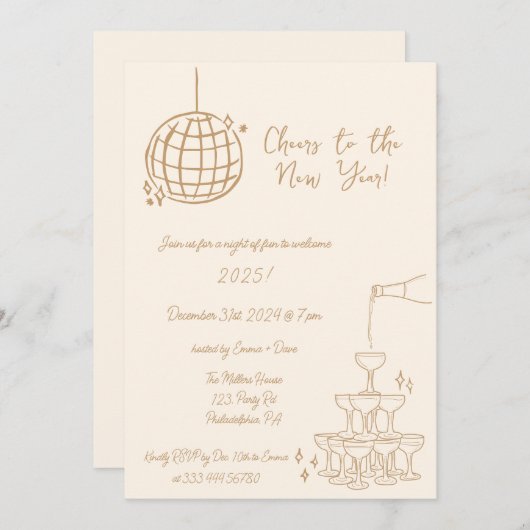 Invitation de New Years Party dessiné à la main (Devant / Derrière)