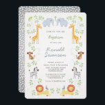 Invitation de Noah's Ark Animals Baptême<br><div class="desc">Des animaux adorables de la jungle avec des vignes douces et des feuilles entourent cette adorable invitation au baptême. Les éléphants bleus réservent une croix au sommet de l'invitation, entourée de girafes, de singes, de zèbres et de lions. Votre texte est au milieu de tout pour annoncer le grand jour...</div>