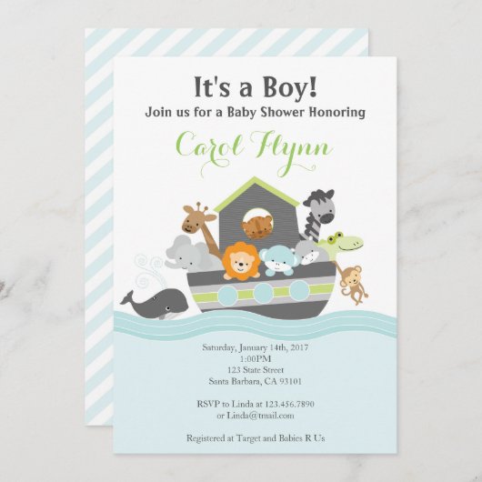 Invitation de Noah's Ark Baby shower (Devant / Derrière)