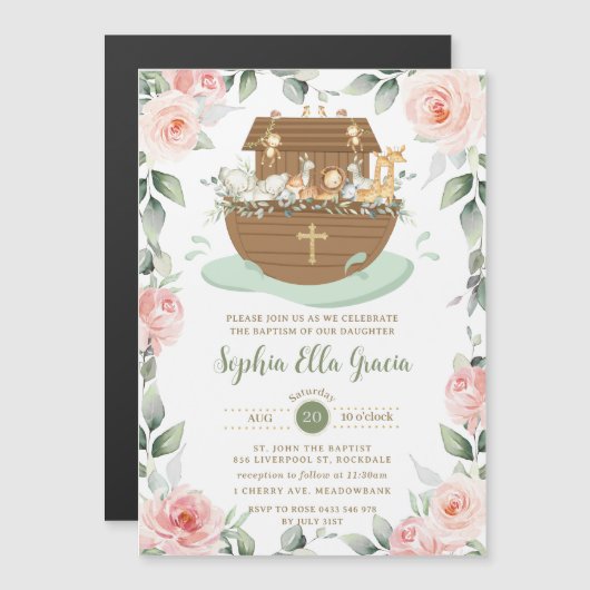 Invitation de Noah's Ark rose Floral Girl Baptism (Devant / Derrière)