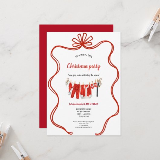 Invitation de Noël avec corde à linge rouge (Devant/Arrière en situation)