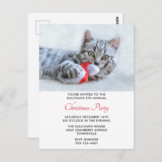 Invitation de Noël avec un chat mignon mordant un  (Devant / Derrière)